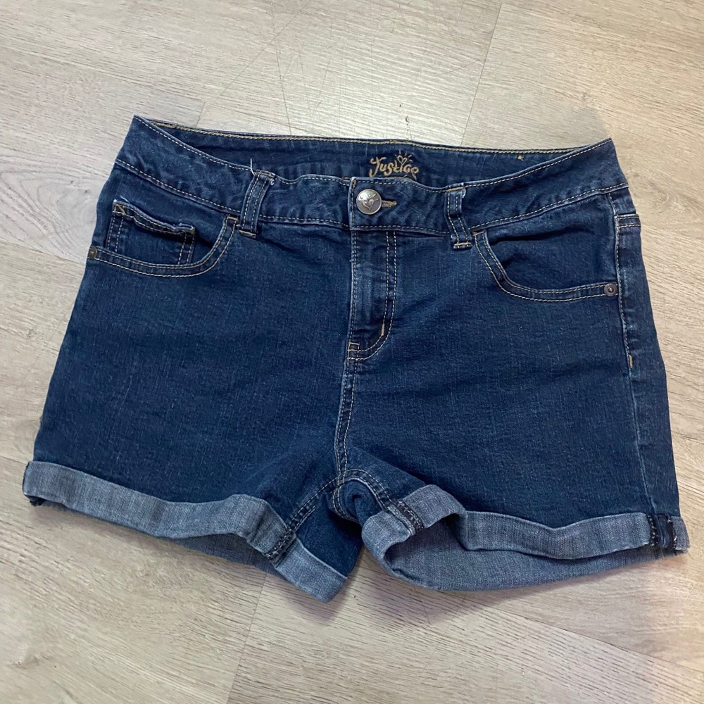 Justice Denim Shorts Girls 14 Plus Dark Wash Cuffed Stretch Five Pocket